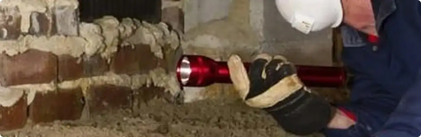 Pest control technician inspecting a crawl space for ant activity in Flowood, MS