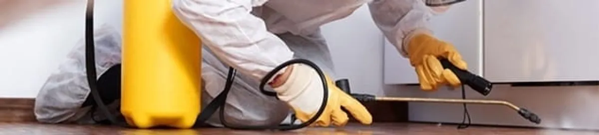 Roach exterminator treating cracks and crevices along kitchen baseboards in Jackson, MS